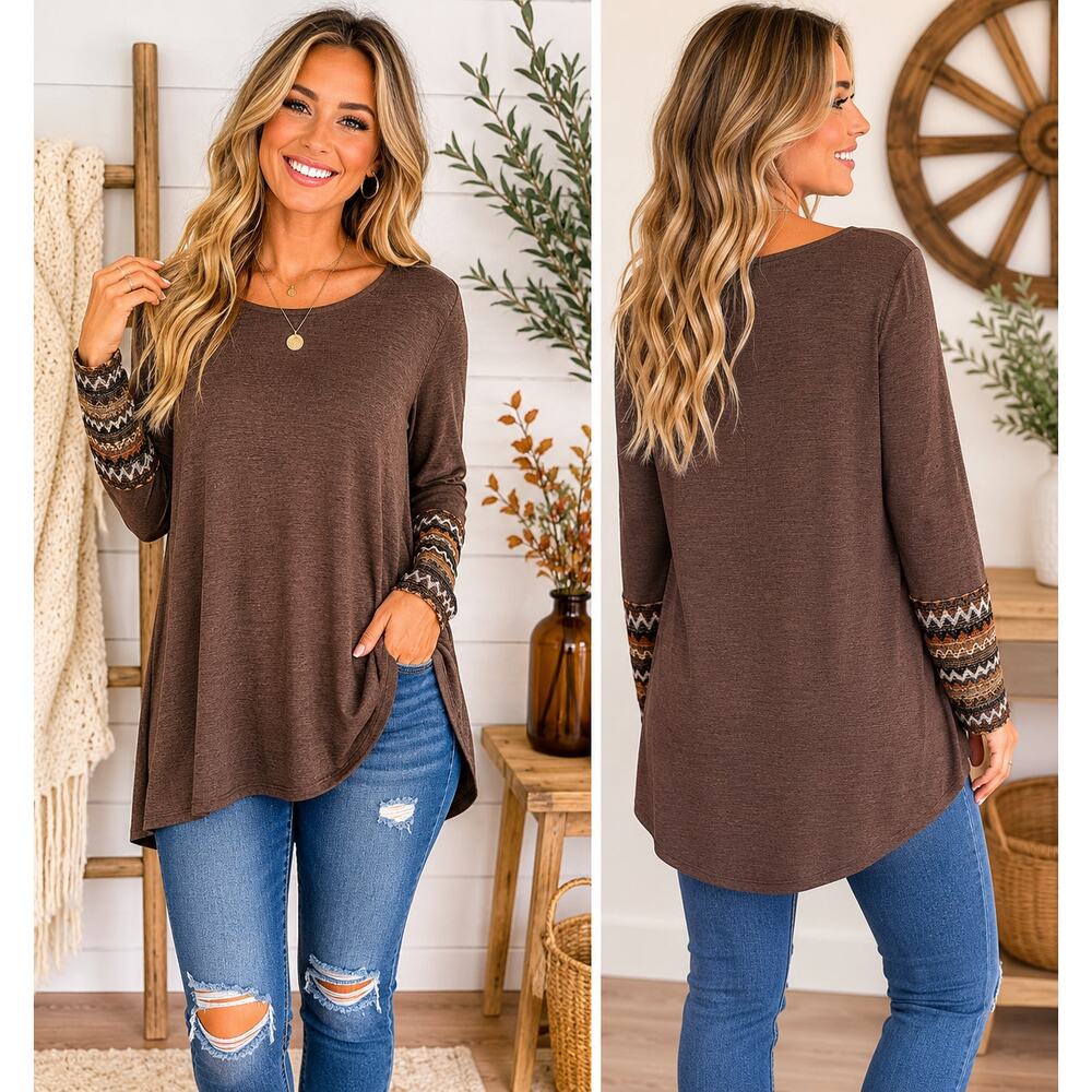 Indigo Soul XL Brown Tunic Top with Boho Sleeve Detail